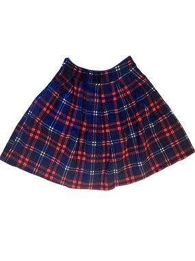Vintage Handmade Women's Size Small Red/Navy Tartan Plaid Pleated Skirt Side Zip